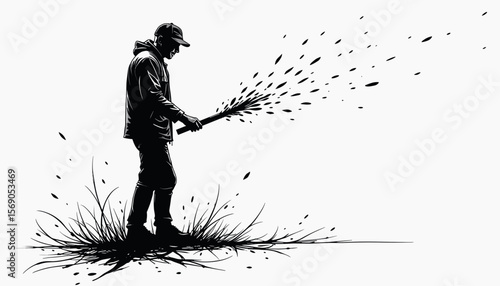 Man spraying leaves in a grassy field