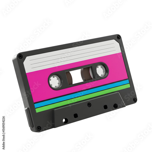 Retro Audio Cassette Tape with Pink Teal and Green Stripes.