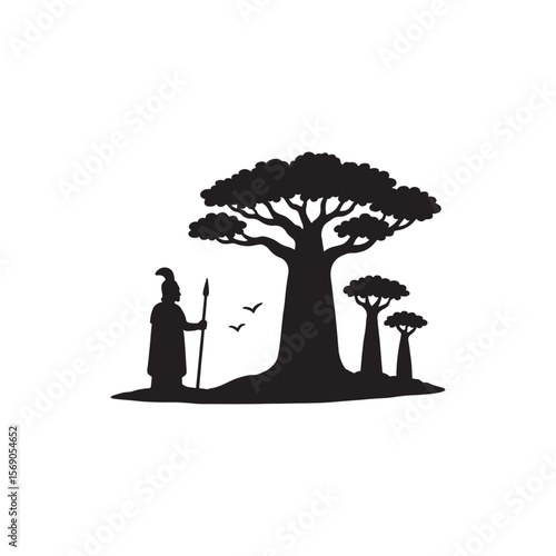 Ancient guardian and baobab tree silhouette spiritual landmark vector illustration