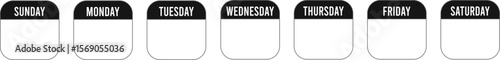 Vector image of calendar icons representing days of the week, from Sunday to Saturday, in black and white minimalist style, with each day abbreviated on individual calendar icons