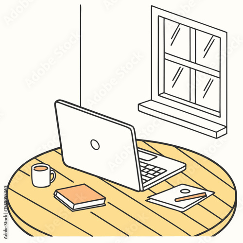 Isometric view of a laptop on a round table with a window, book, mug and papers in a cozy setting