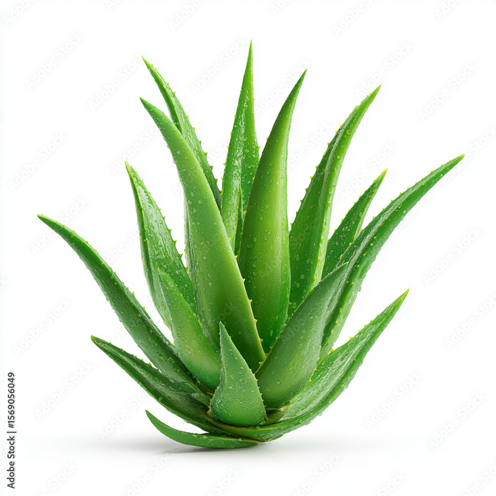 Fototapeta premium A close up shot of an aloe vera plant with green leaves on a white background in a studio setting