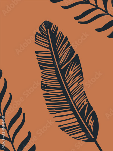 Black tropical leaf on terracotta background perfect for ethnic prints and rustic branding compositions