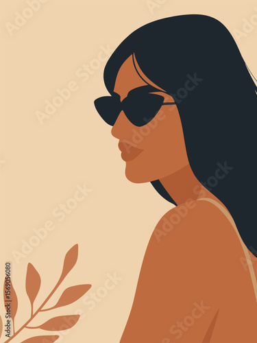 Modern woman portrait with sunglasses and tropical leaves perfect for summer fashion campaigns and beauty blog illustrations