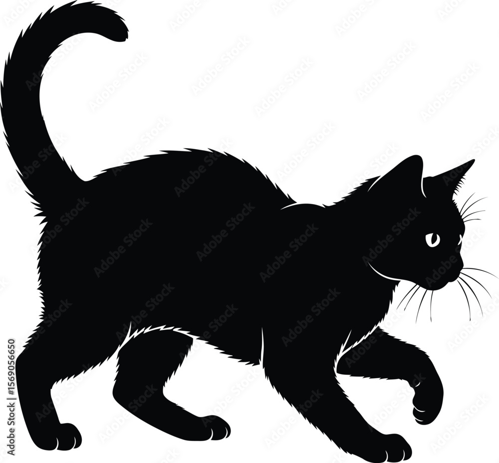 Obraz premium Playful Black Cat Silhouette in Pounce Position Isolated on White Background