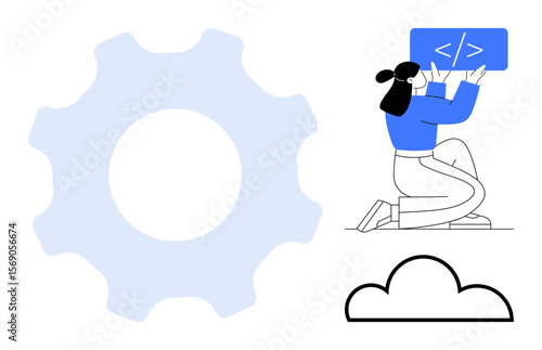Person writing code on a screen, large gear as metaphor for process, cloud symbol for hosting. Ideal for tech, coding, development, cloud computing, engineering, teamwork simple landing page