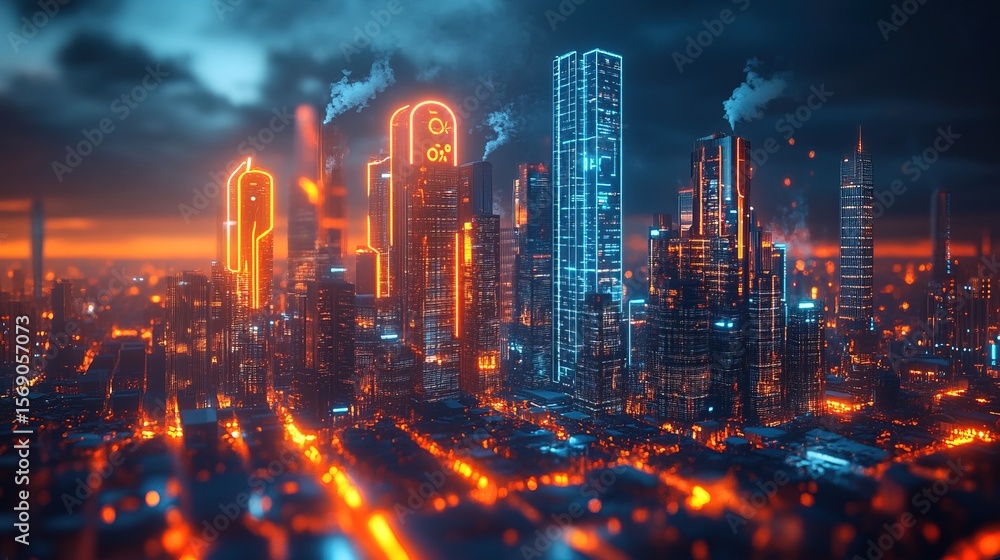 Fototapeta premium A neon-lit city skyline with a holographic display showing CO2 emissions in real time 