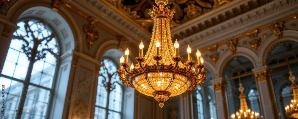 Obraz premium a palace chandelier turns in sync with distant towers, transmitting visual long distance communication through light shifts.