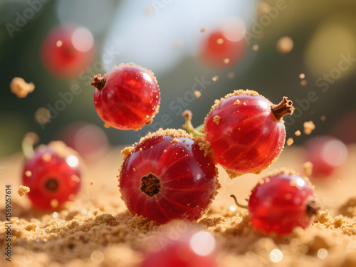 Wallpaper Mural Red Gooseberries Floating in Golden Crumbs, Macro Scene Torontodigital.ca