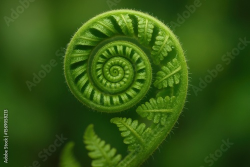 Natural fractal geometry reveals repeating patterns in nature. Close-up of a vibrant green fern frond unfurling in a spiral pattern, showcasing intricate leaf details