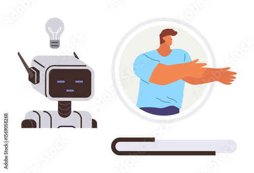 Robot with lightbulb head facing a man gesturing in a circular frame near a loading bar. Ideal for technology, collaboration, progress, innovation, artificial intelligence, teamwork, future concepts