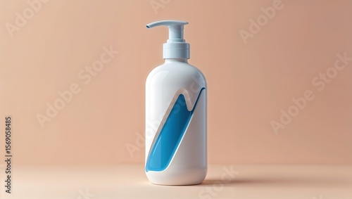White pump bottle with blue accents, isolated on soft peach pastel background.