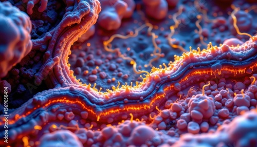Wallpaper Mural artistic microscopic landscape showing akkermansia muciniphila near intestinal mucosa, supporting digestion and gut health, glowing bacteria and detailed intestinal structures. Torontodigital.ca