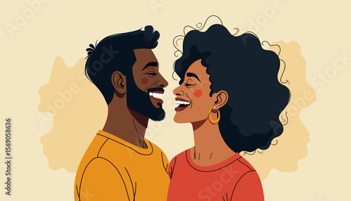 Couple smiling at each other on light background