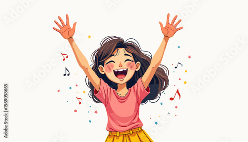 Happy girl celebrating with arms raised against a colorful background