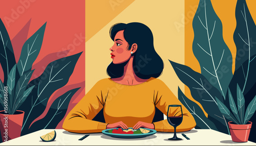 Woman contemplating at a dinner table with plants in background