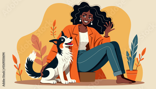 Woman waving happily with her dog against a colorful backdrop