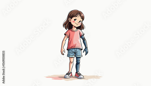Smiling girl with prosthetic arm standing confidently