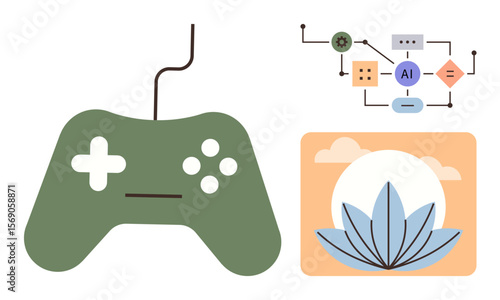 Green game controller, AI flow diagram with connected nodes, and lotus flower under a sunrise. Ideal for gaming, AI, connection, innovation, meditation balance creativity. Simple flat metaphor