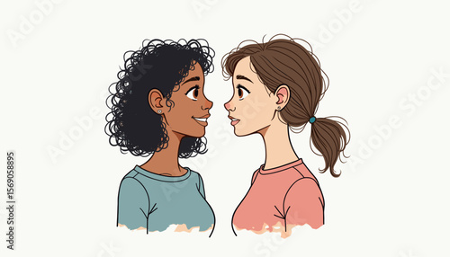Two women smiling at each other in illustrated portrait