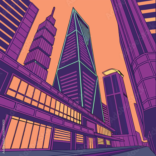 Low angle view of city skyscrapers with purple and teal color scheme and orange sky background