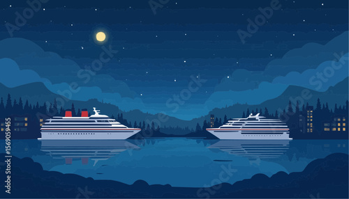 Night Marine Scene with Two Cruise Ships Under Moonlit Sky in Calm Water