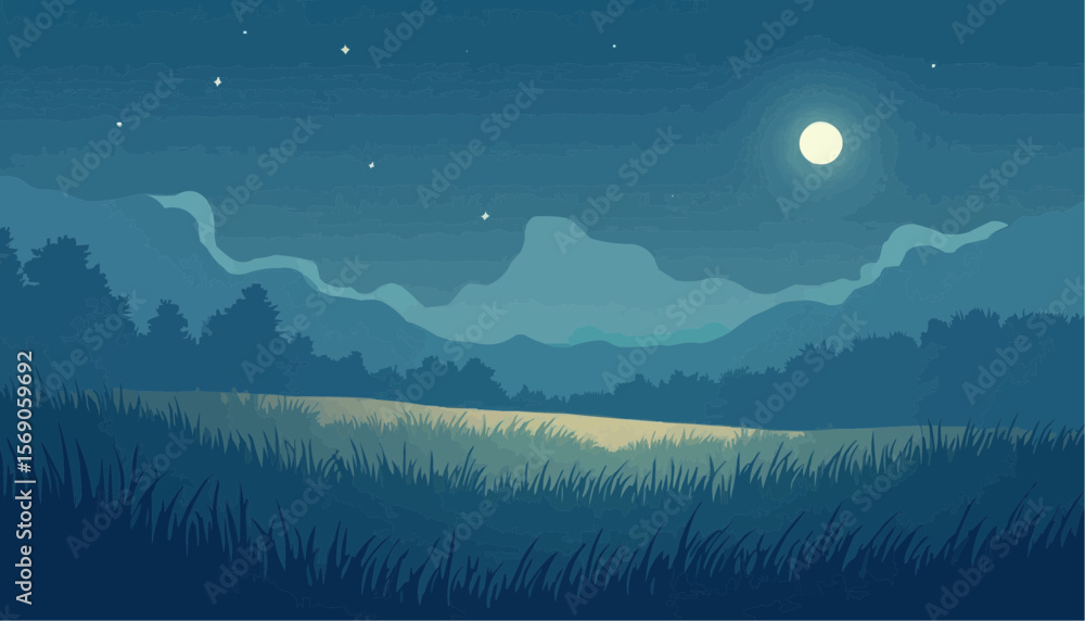 Fototapeta premium Serene Night Landscape with Full Moon Bright Stars and Rolling Hills in Soft Blue Tones