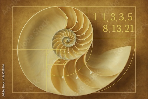 Natural fractal geometry reveals repeating patterns in nature. A golden nautilus shell with an overlaid Fibonacci spiral and sequence numbers