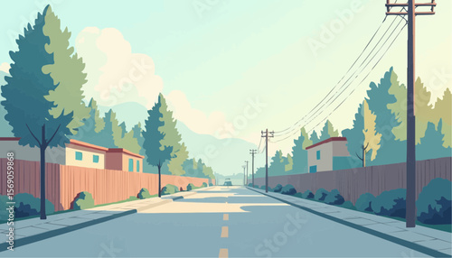 Quiet Suburban Street Scene with Trees Fences and Power Lines in Calm Daylight