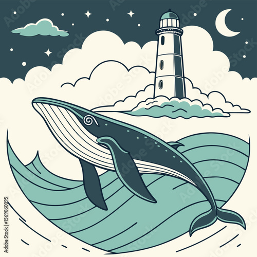 Whale breaching in ocean waves with lighthouse, clouds, moon, and stars in the night sky scene