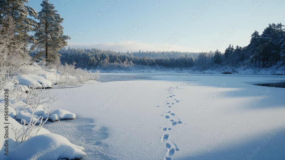 custom made wallpaper toronto digitalFootprints on a snowy frozen lake in a winter forest.