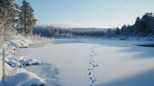 Wallpaper Mural Footprints on a snowy frozen lake in a winter forest. Torontodigital.ca
