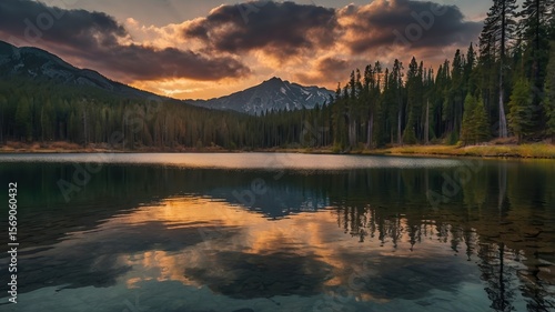 Fototapeta Naklejka Na Ścianę i Meble -  Calm lake reflecting the sunset sky with mountains and forest in the background at dusk or dawn