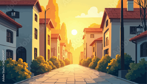Serene Suburban Street at Sunset with Modern Houses and Warm Lighting