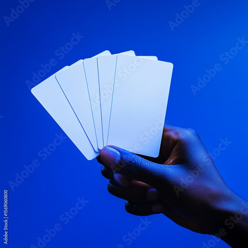 A hand holding several blank white cards against a vibrant blue colored background in studio light