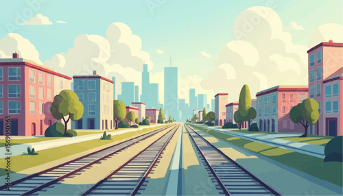 Colorful Urban Cityscape with Railway Tracks and Modern Buildings