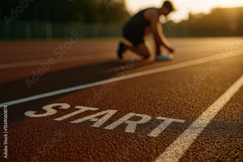 Painted start line on running track with athlete in background, symbolizing the beginning of competition and race mindset.