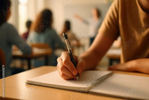 Wallpaper Mural Handwriting student taking notes in a classroom with others in the background, capturing focused learning and educational activity. Torontodigital.ca