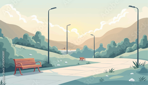 Serene Park Pathway with Benches and Streetlights in Calm Natural Landscape