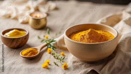 Flat lay of turmeric face mask setup with powder, spoon, and creamy mask on beige linen.