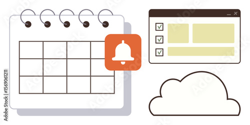 Calendar grid with notification bell, checklist interface window, and cloud storage. Ideal for planning, organization, task management, reminders, cloud computing scheduling productivity. Simple
