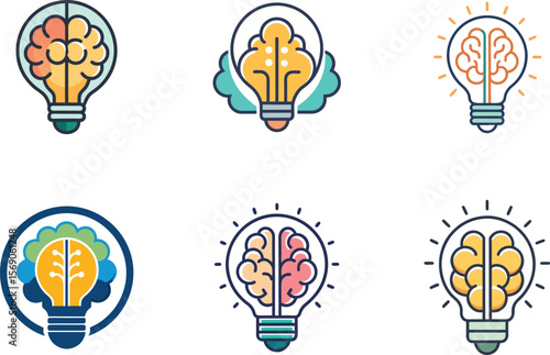 Six creative brain lightbulb logos ideal for branding identity design projects offering diverse styles and colors perfect for startups and businesses needing unique visual appeal