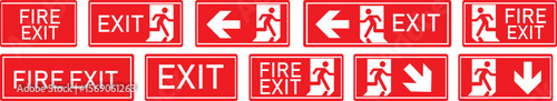 Emergency Exit Icon set. Vector illustration of running man and exit door sign. Escape and evacuation symbol. Various exit sign isolated white background.Evacuation and relocation of people to safety.