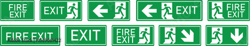 Emergency Exit Icon set. Vector illustration of running man and exit door sign. Escape and evacuation symbol. Various exit sign isolated white background.Evacuation and relocation of people to safety.