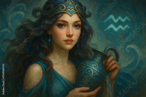 Aquarius Zodiac Sign Young woman in blue attire holds a decorative pitcher representing water symbolism in artistic expression