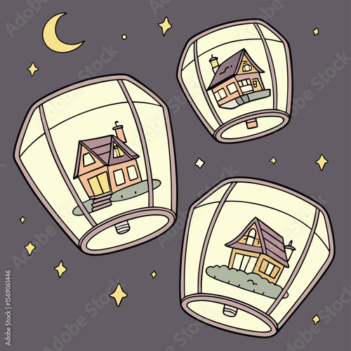 Illustration of three house lanterns floating in the night sky with a crescent moon and stars