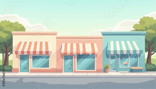 Colorful Small Commercial Retail Shops with Striped Awnings in Bright Street Scene