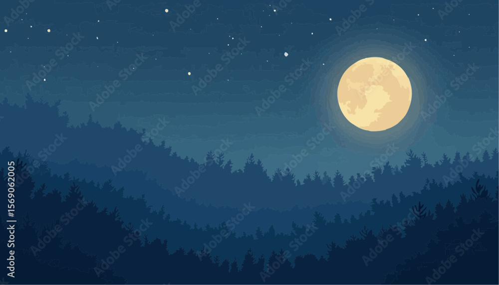 Fototapeta premium Full Moon Over Dark Forest with Starry Sky in Night Scene