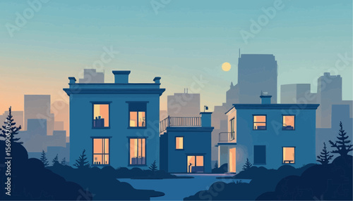 Modern Blue Residential Buildings at Sunset in Urban Neighborhood
