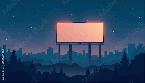 Empty Outdoor Billboard in Night Sky with Stars and City Silhouette